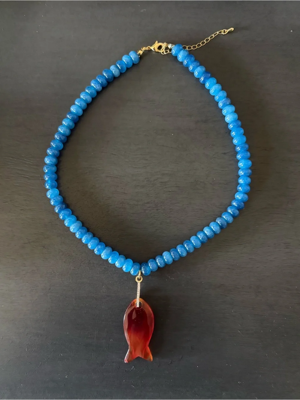 New Anthropologie Ocean Blue Beaded Necklace w/ Carnelian Fish Pendant - Picture 1 of 6